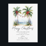 Tropical New Home Christmas Card<br><div class="desc">Celebrate the season and your new beginnings with this tropical new home Christmas card. Featuring watercolor palm trees strung with festive lights and ornaments by the ocean, this design is perfect for sharing both holiday cheer and your new address. Ideal for families who have recently moved, coastal homes, or anyone...</div>