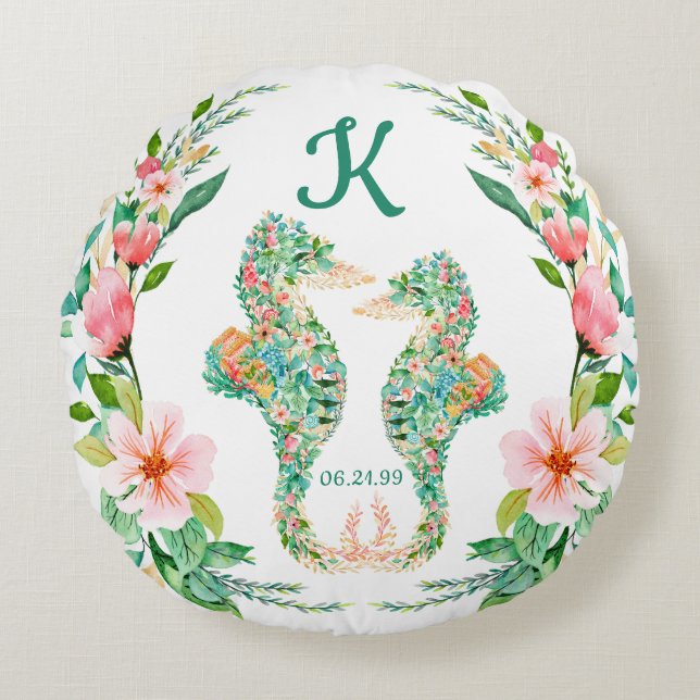 Tropical Newlyweds Monogram Floral Seahorses  Round Pillow (Front)