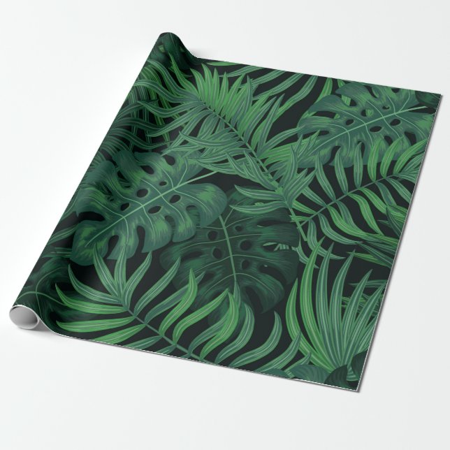 Tropical night green seamless pattern wrapping paper (Unrolled)