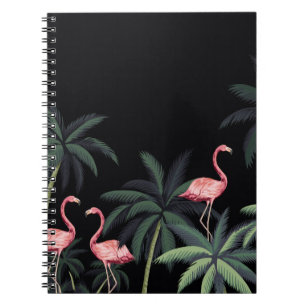 Tropical night vintage wild birds flamingo, palm t notebook