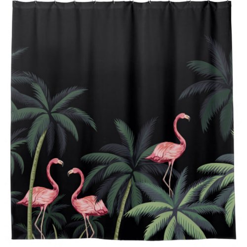 Tropical night vintage wild birds flamingo palm t shower curtain