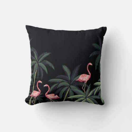 Tropical night vintage wild birds flamingo palm t throw pillow