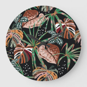 Tropical Noir: Dark Exotic Forest Pattern Large Clock
