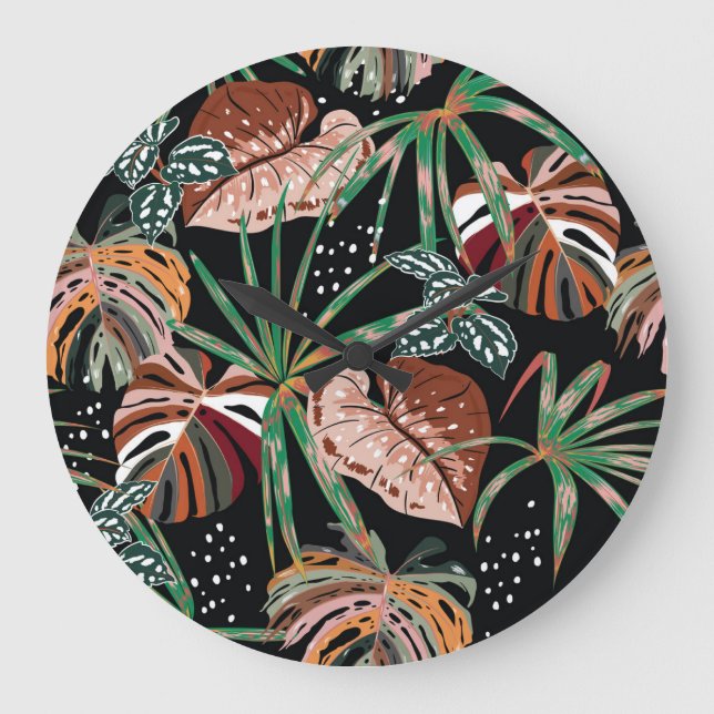 Tropical Noir: Dark Exotic Forest Pattern Large Clock (Front)