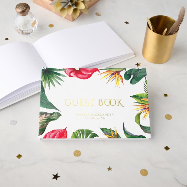 Tropical Oasces Floral Wedding Foil Guest Book (Front Open)