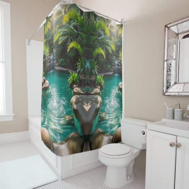 Tropical Oasis Escape – Vibrant Shower Curtain (In Situ)