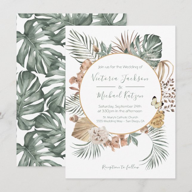 Tropical Oasis Modern Palm Wreath Wedding Invitation (Front/Back)