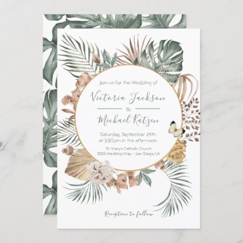 Tropical Oasis Modern Palm Wreath Wedding Invitation