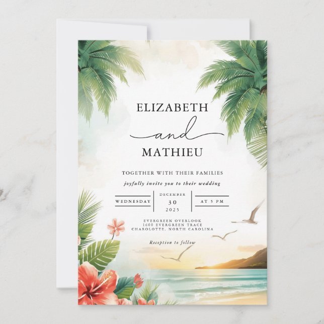 Tropical Oasis Palm Arch Wedding Invitation (Front)