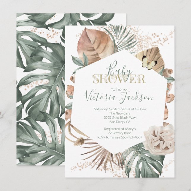 Tropical Oasis Palm Leaf Gold Baby Shower Invitation (Front/Back)