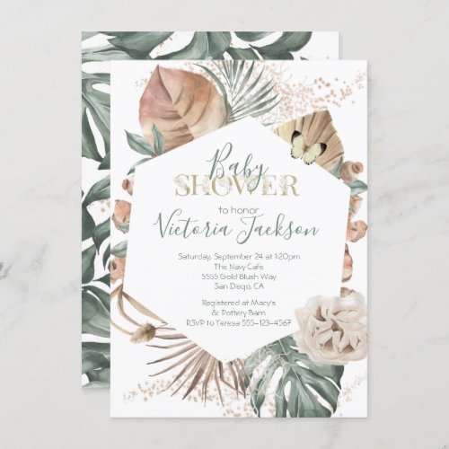 Tropical Oasis Palm Leaf Gold Baby Shower Invitation