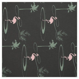 Tropical Oasis Palm Tree Flamingo Black Pattern Fabric