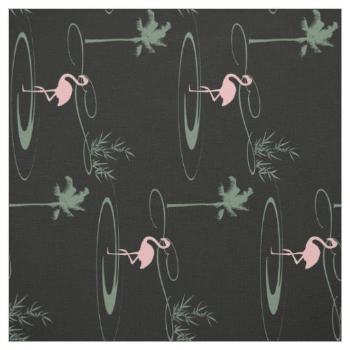 Tropical Oasis Palm Tree Flamingo Black Pattern Fabric