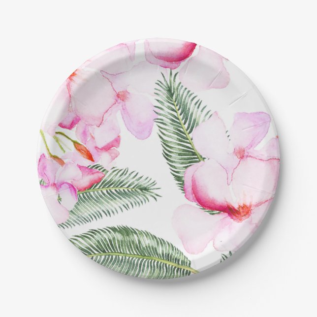 Tropical Oasis Pink Green Hawaiian Bridal Shower Paper Plates (Front)