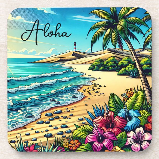 Tropical Ocean Aloha Vacation  Beverage Coaster (Front)