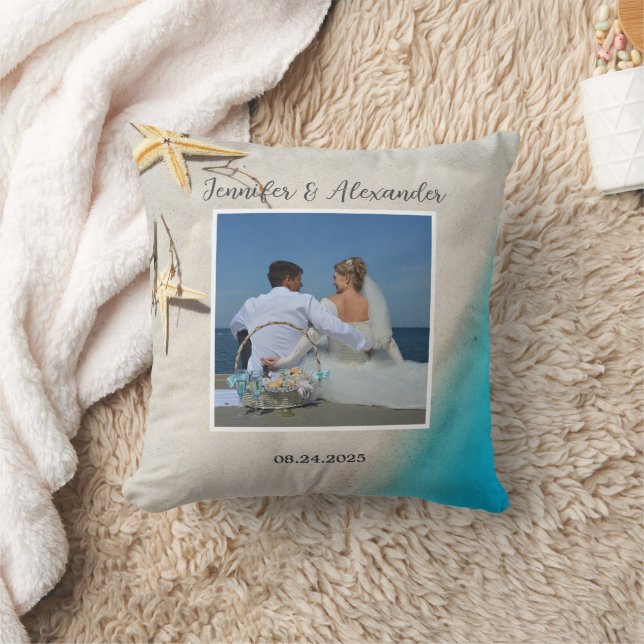 Tropical ocean beach bride groom photo wedding throw pillow (Blanket)