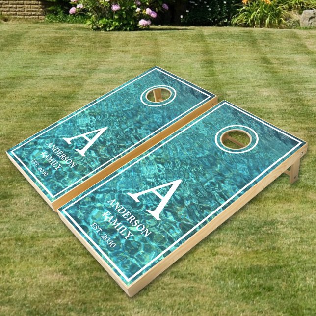 Tropical Ocean Beach Custom Monogram Name Cornhole Set (Creator Uploaded)