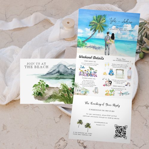 Tropical Ocean Beach  Illustrated Wedding Tri_Fold Invitation