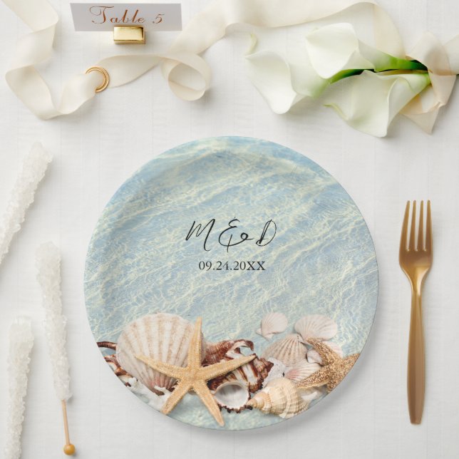 Tropical Ocean Beach Seashell Marble Wedding  Paper Plates (Wedding)