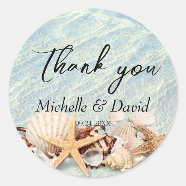 Tropical Ocean Beach Seashell Wedding Classic Round Sticker (Front)