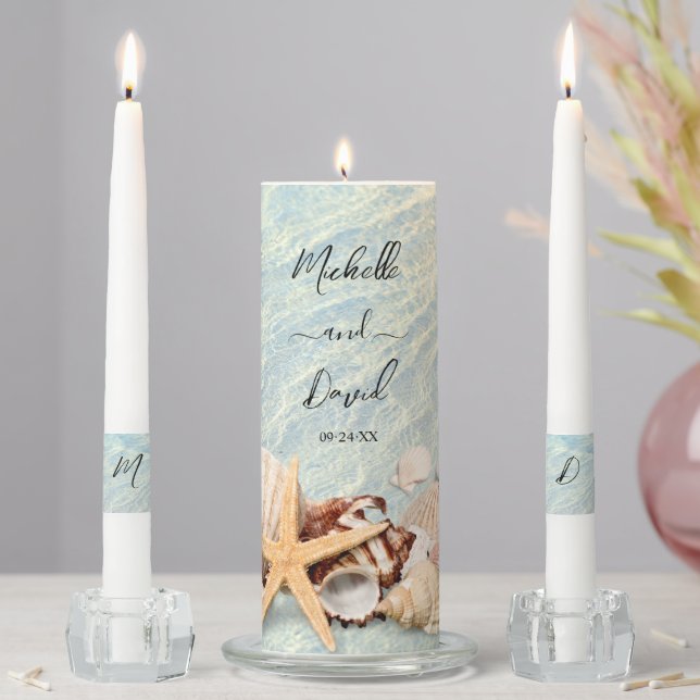 Tropical Ocean Beach Seashell Wedding Unity Candle Set (In Situ)