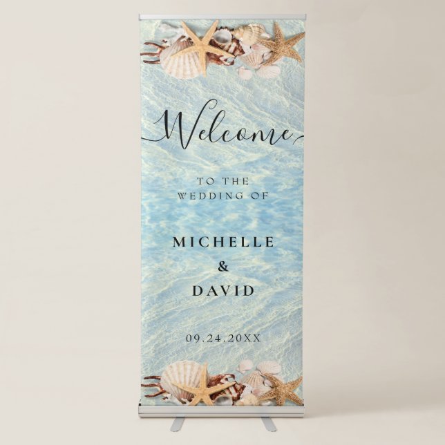 Tropical Ocean Beach Seashell Wedding Welcome  Retractable Banner (Front)