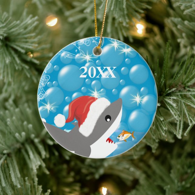 Tropical Ocean Beach Shark Christmas Family Photo Ceramic Ornament (Tree)