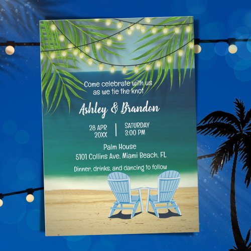 Tropical Ocean Beach Theme String Lights Wedding  Invitation