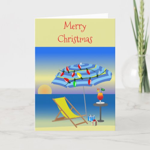 Tropical Ocean Beach Umbrella Fun Christmas Lights Holiday Card