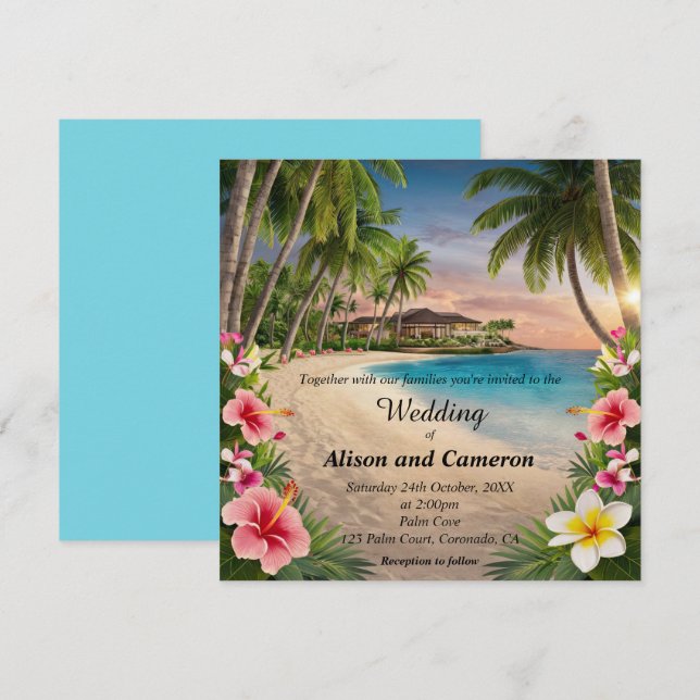 Tropical Ocean Beach Watercolor Wedding Invitation (Front/Back)