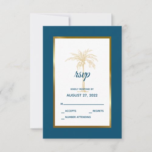 Tropical Ocean Blue Gold Palm Tree Beach Wedding RSVP Card