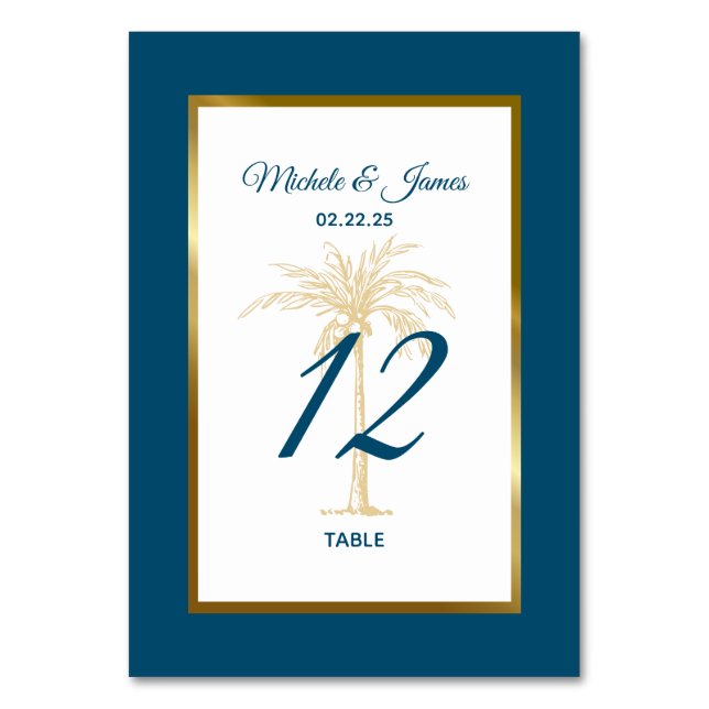 Tropical Ocean Blue Gold Palm Tree Beach Wedding Table Number (Front)