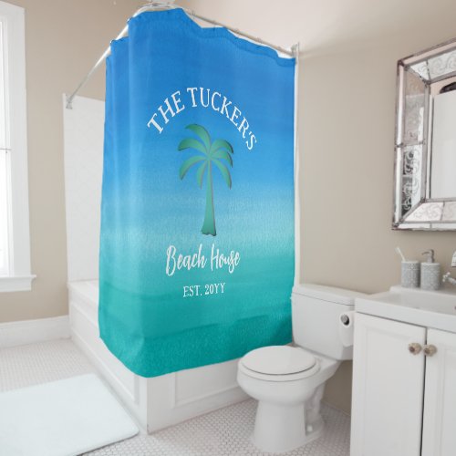 Tropical Ocean Blue Green  Palm Tree Beach House  Shower Curtain