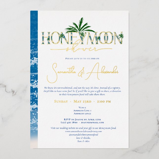 Tropical Ocean Blue Honeymoon Couple Shower Silver Foil Invitation (Front)