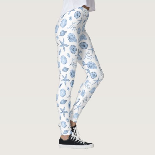 Tropical Ocean Blue Nautical Vintage Seashells Leggings