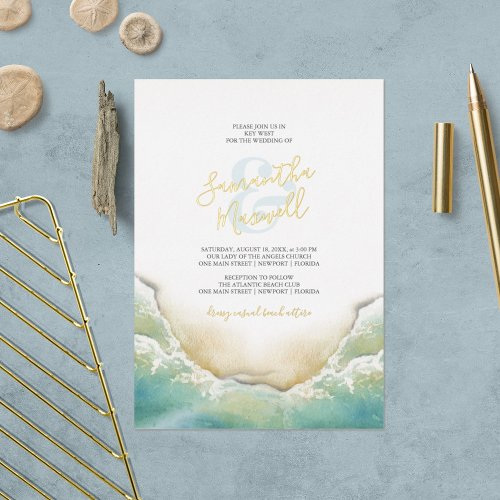 Tropical Ocean Blue Watercolor Shoreline Wedding Foil Invitation