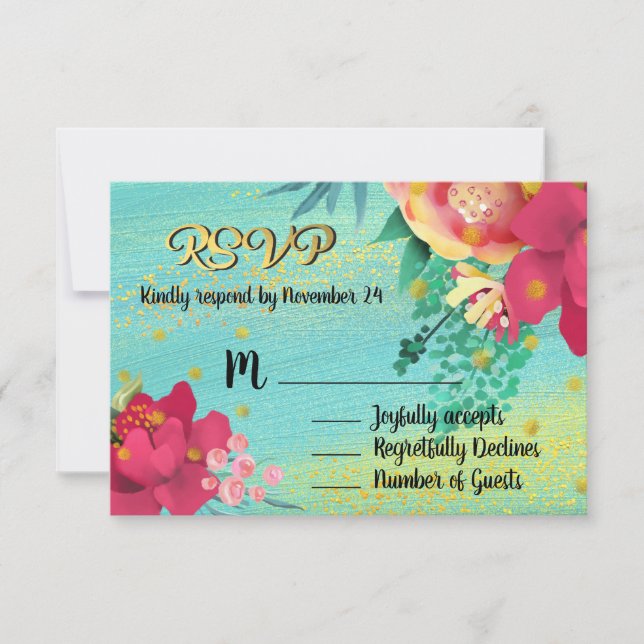 Tropical Ocean Breeze floral gold RSVP Card (Front)