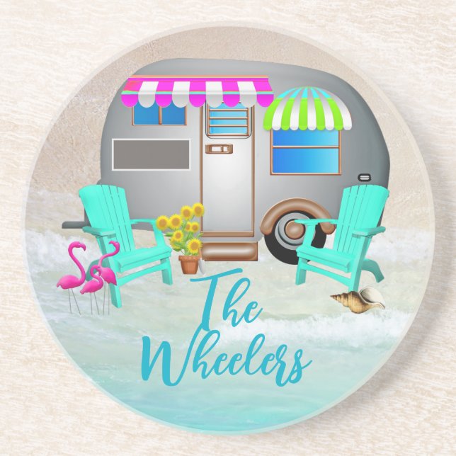 Tropical Ocean Camping Trailer Family Name Coaster (Front)