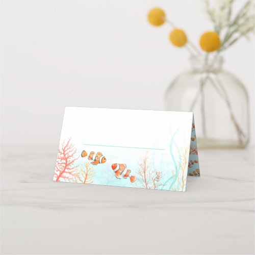 Tropical ocean coral fish watercolor wedding place card