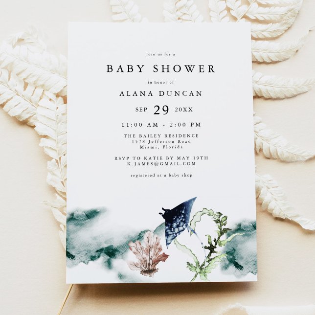 Tropical Ocean Coral Manta Ray Baby Shower Invitation (Creator Uploaded)