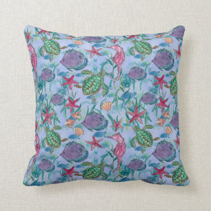 Tropical Ocean Fish Seahorse Sea Turtle Watercolor Throw Pillow