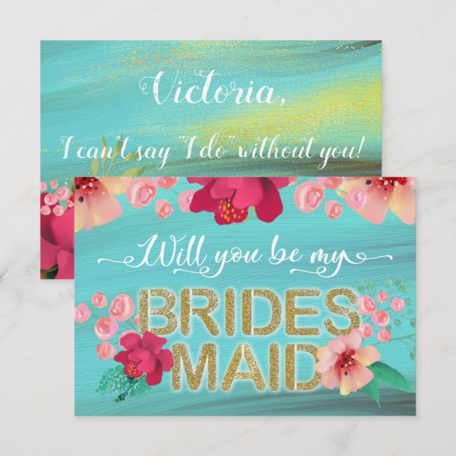Tropical Ocean Gold Will you be my bridesmaid Invitation (Front/Back)
