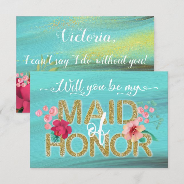 Tropical Ocean Gold Will you be my Maid of Honor Invitation (Front/Back)