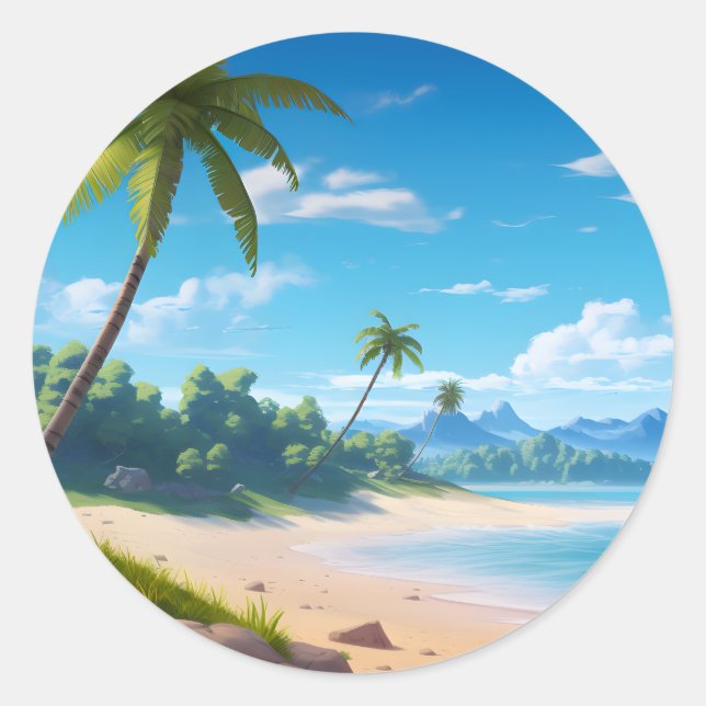 Tropical Ocean Island Sandy Beach Shore Classic Round Sticker (Front)