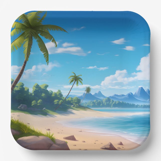 Tropical Ocean Island Sandy Beach Shore Paper Plates (Front)