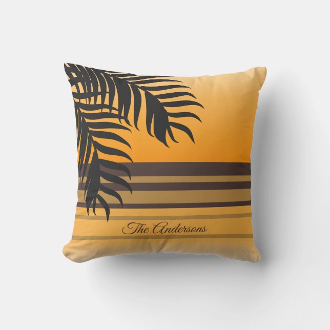 Tropical Ocean Orange Sunset Family Name Throw Pillow (Front)