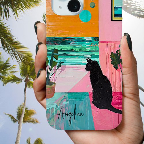 Tropical Ocean Painting Cat Colorful iPhone 15 Case