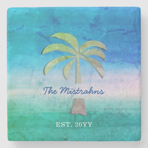 Tropical Ocean Palm Tree Summer Decor Distressed Stone Coaster