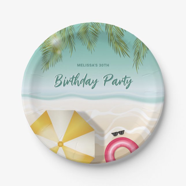 Tropical Ocean Sand Beach Waves Summer Birthday Paper Plates (Front)