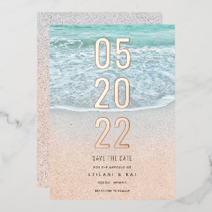 Tropical Ocean & Sandy Beach Save the Date Foil In Invitation